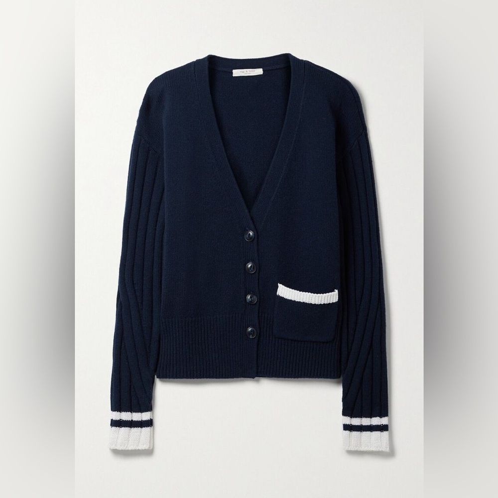 RAG & BONE Navy White Serena Button Front V-Neck Cardigan Sweater size MEDIUM